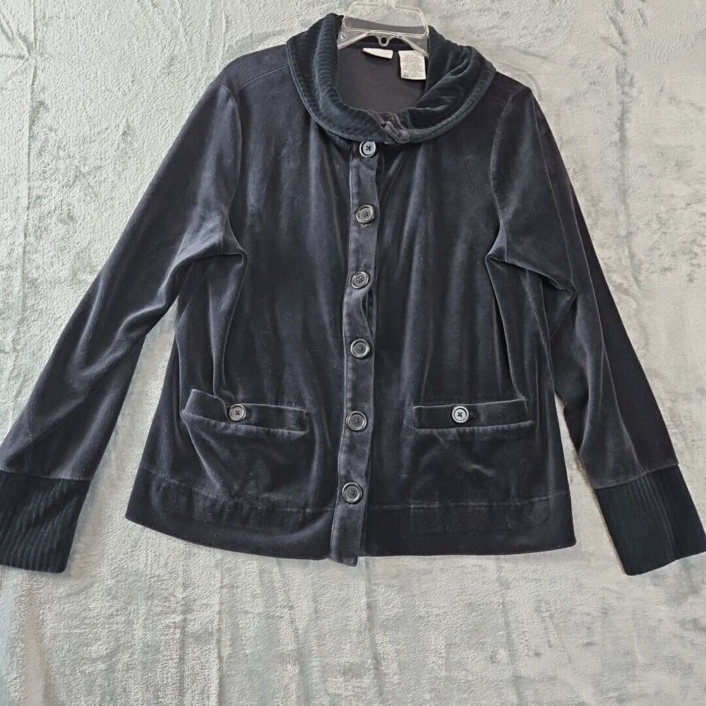 White Stag Women's Button Black Velour Cardigan Sz Lg cotton blend